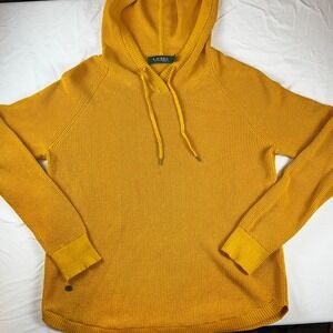 VTG 90s Ralph Lauren Mustard Waffle Knit Hoodie Sweater Pullover Lg Cluttercore